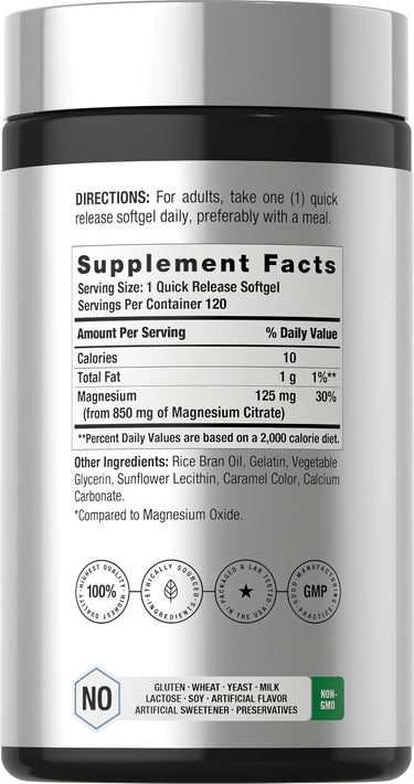 View 2 Supplement Facts panel for Horbaach Magnesium Citrate 850mg 120 Softgels.