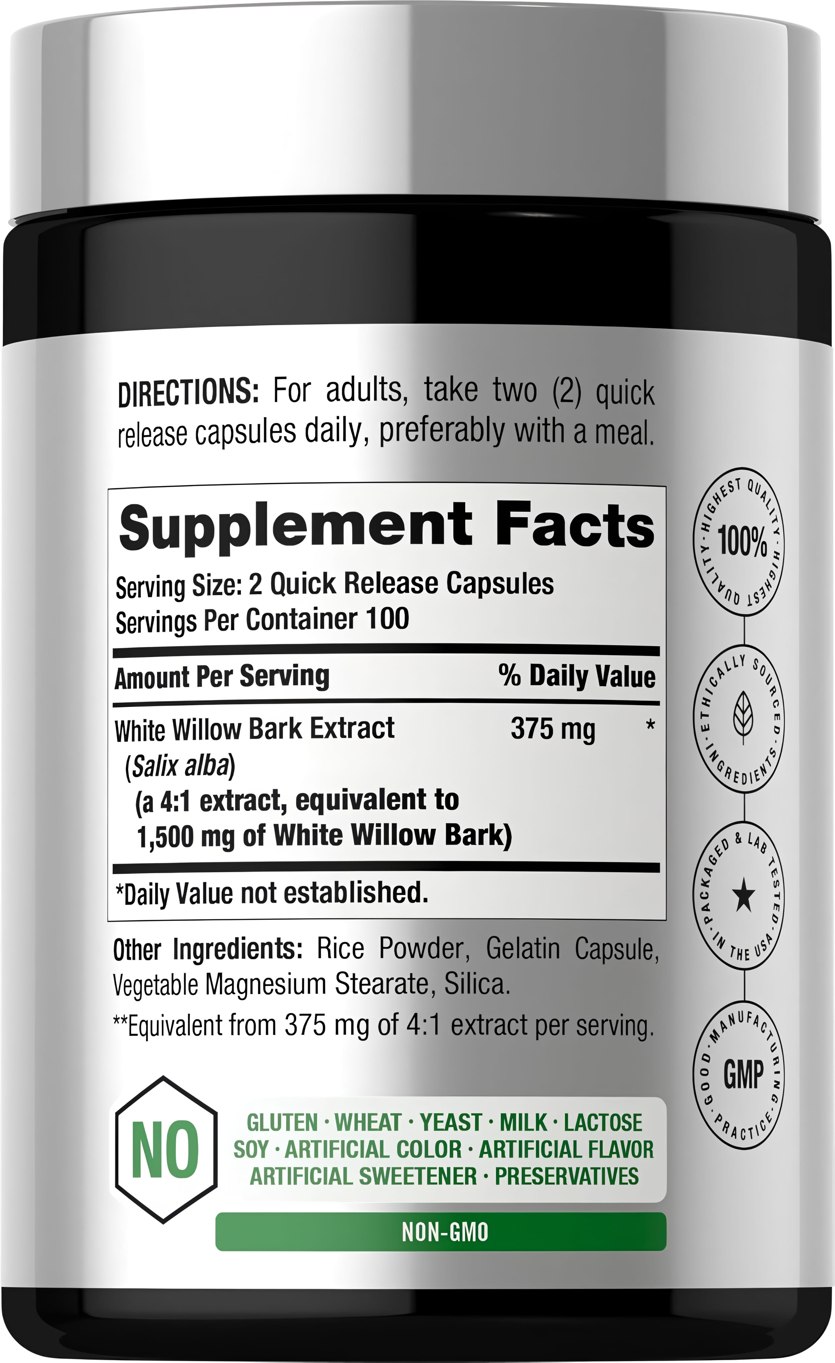 Supplement Facts panel for Horbaach White Willow Bark 1500mg, 200 capsules, dietary details included.