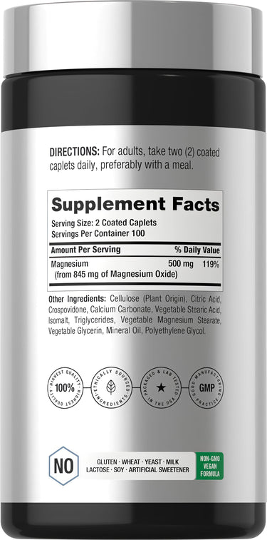 View 2 Horbaach Magnesium 845 mg supplement facts panel for 200 coated caplets.