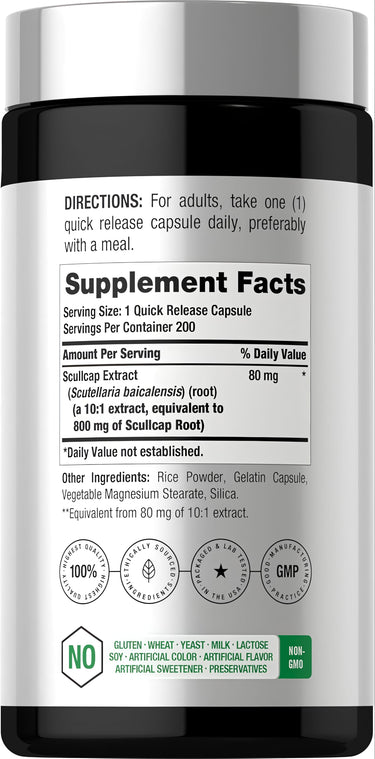 View 2 Supplement Facts panel for CL Scullcap Herb 800 mg Capsules 200 count.
