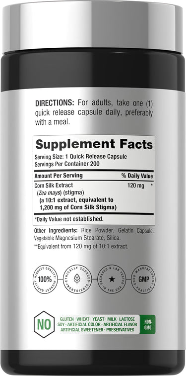 View 2 Supplement Facts panel showing details for Corn Silk 1200 mg, 200 Capsules.