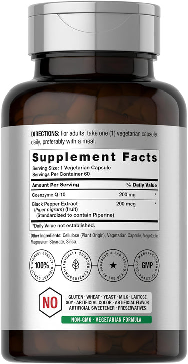 View 2 Horbaach CoQ10 supplement, 200 mg, 60 vegetarian capsules, shown in bottle to support heart health and energy production.