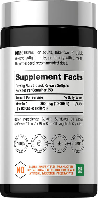View 2 Horbaach Vitamin D 10,000 IU (D3 Cholecalciferol) 500 Quick Release Softgels. Non-GMO, free of gluten, wheat, milk, soy.