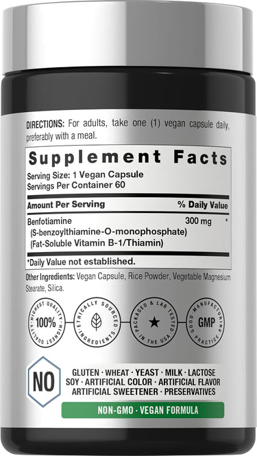 View 2 Horbaach Benfotiamine 300 mg 60 Capsules bottle displaying Supplement Facts, Non-GMO, Vegan, and quality information.