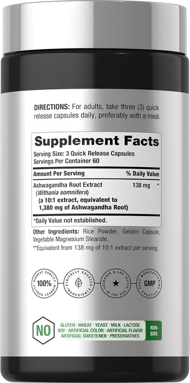View 2 Supplement Facts panel for Horbaach Ashwagandha showing 1,380 mg per serving with 180 capsules per bottle.