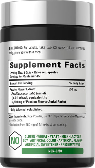View 2 Passion Flower supplement providing 2,200 mg, available in 90 quick release capsules.