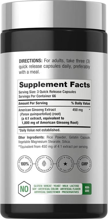 View 2 American Ginseng 1800 mg 200 Capsules Supplement Facts panel displayed.