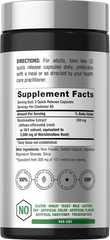View 2 Supplement Facts panel for Marshmallow 2000 mg in 120 capsules, showing detailed nutrient information and recommended servings.