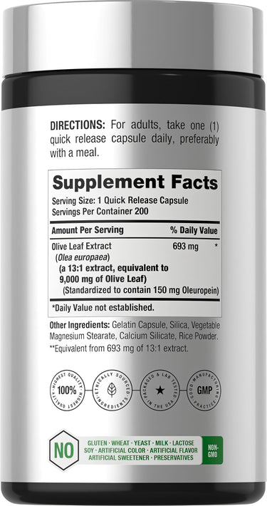 View 2 Supplement Facts for Olive Leaf Extract 9000 mg, 200 Capsules.