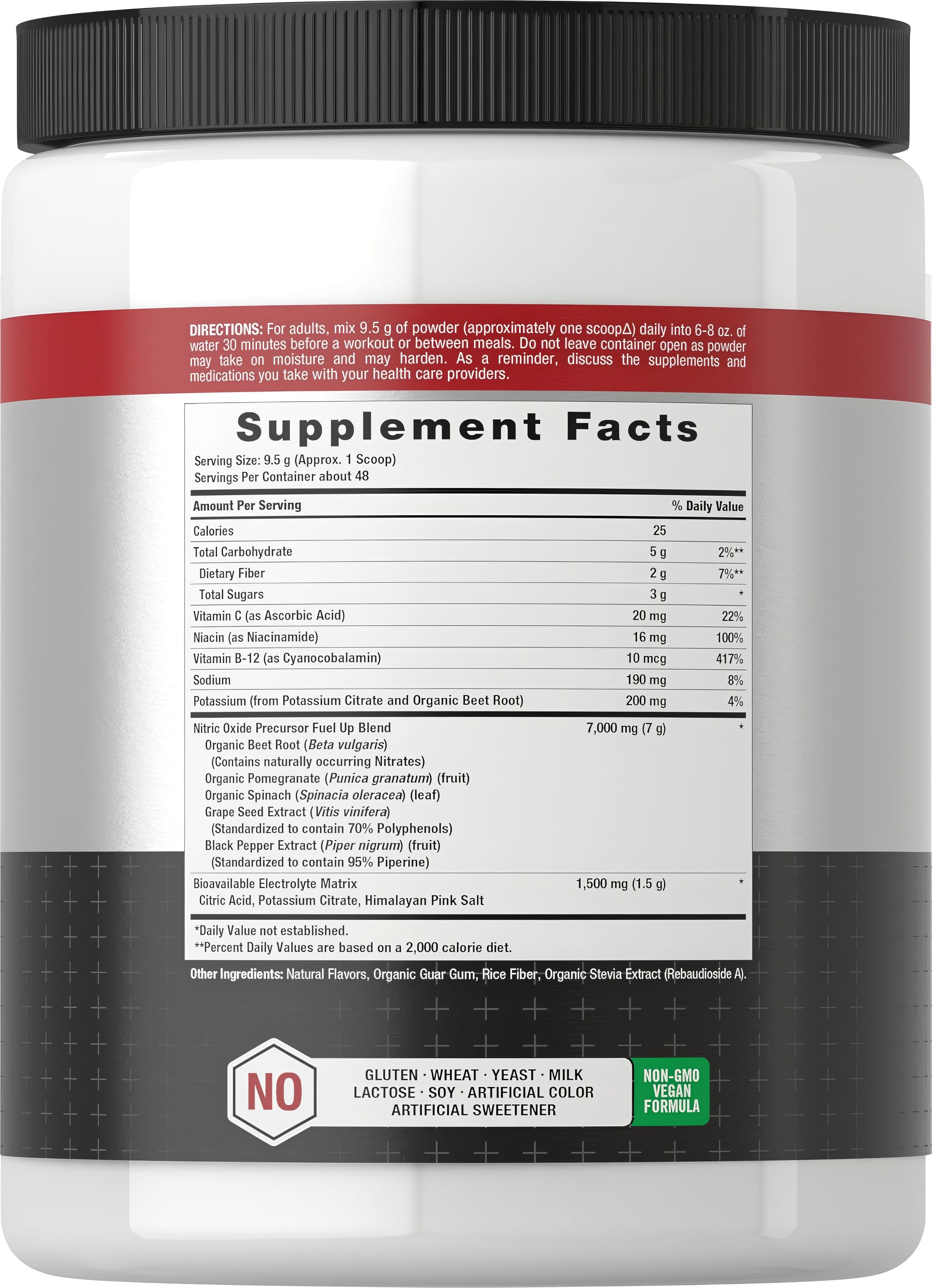 Supplement Facts for Horbaach Nitric Oxide Boost with Organic Beets, 16oz bottle.
