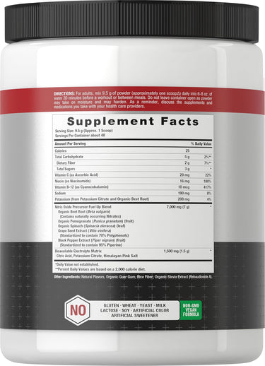 View 2 Supplement Facts for Horbaach Nitric Oxide Boost with Organic Beets, 16oz bottle.