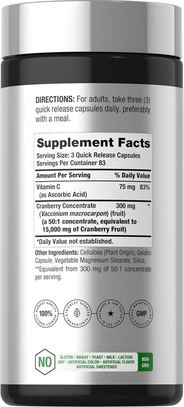 View 2 Supplement Facts panel for Horbaach Cranberry 15000mg, 250 Capsules, detailing the nutritional content.