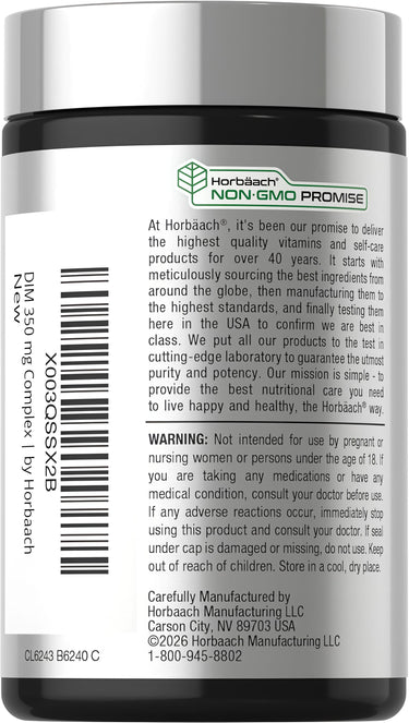 View 3 Horbaach DIM 350 mg Complex 120 Capsules bottle, featuring a white label with 'NON-GMO PROMISE' logo and product info.