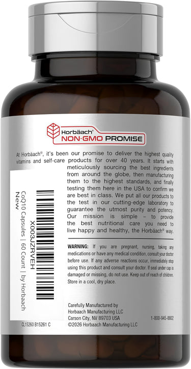 View 3 Horbaach CoQ10 200 mg 60 Vegetarian Capsules bottle displaying a 'NON-GMO PROMISE' label.