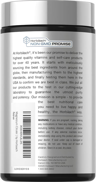 View 3 Horbaach Magnesium Citrate 850mg bottle with 120 softgels and a Non-GMO Promise label.