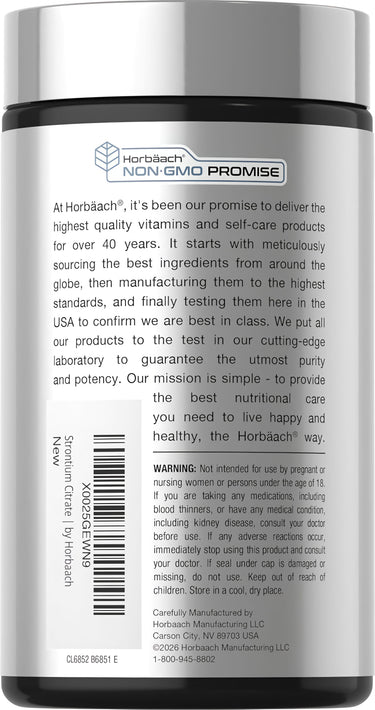 View 3 A bottle of Strontium Citrate containing 940 mg per serving with 180 capsules.