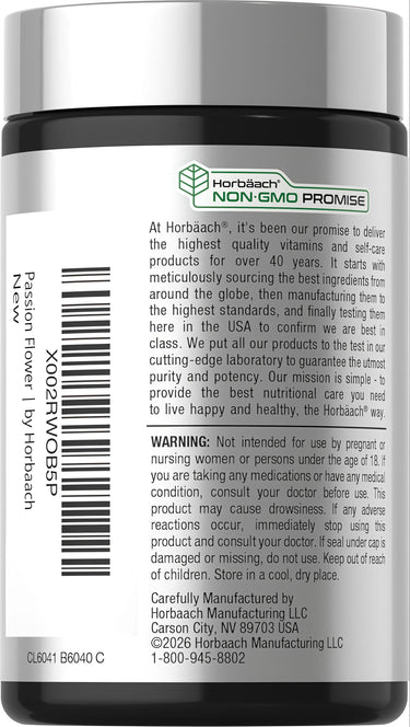 View 3 Horbaach Passion Flower 2200 mg, 90 capsules bottle with NON-GMO PROMISE label displayed.