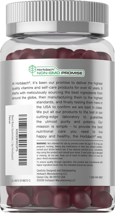 View 3 Horbaach Beet Root 100 Gummies bottle and packaging displayed.