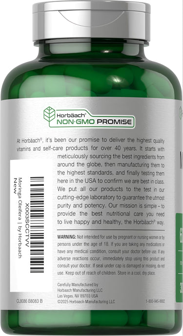 View 3 Horbaach Moringa Oleifera 6000 mg, 300 capsules bottle featuring a 'Non-GMO Promise' label.