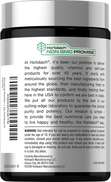 View 3 Horbaach Stinging Nettles supplement with 2000 mg per serving in a bottle of 150 capsules.