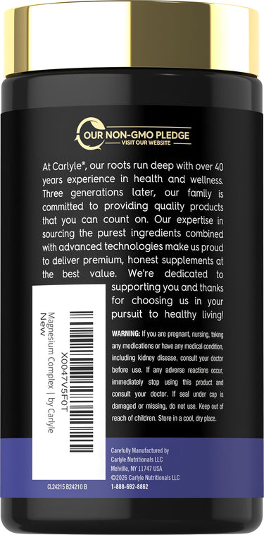 View 3 Carlyle 10 Magnesium Complex 120 Veggie Caps, back label showing Our Non-GMO Pledge and company information.