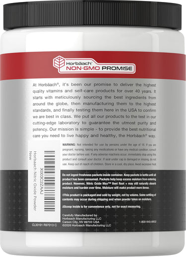 View 3 Horbaach Nitric Oxide Boost powder jar featuring organic beets, 16oz. Supports workout performance and heart health.
