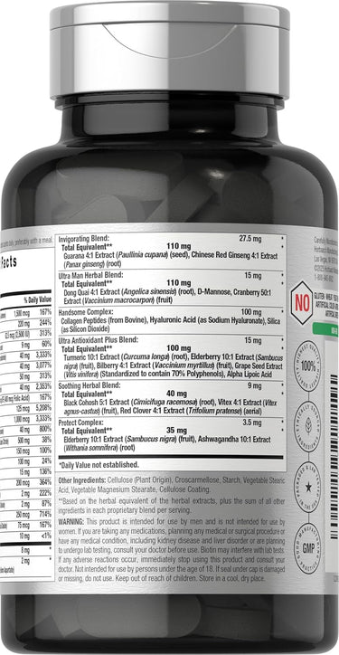 Supplement bottle with label showing nutritional information and ingredients.