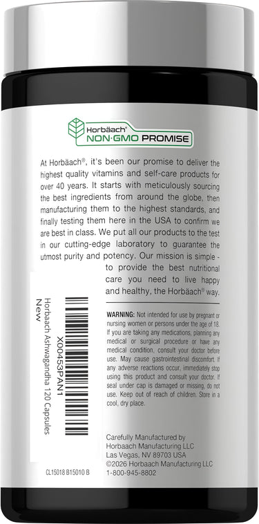 View 3 Horbaach Ashwagandha bottle containing 120 capsules.