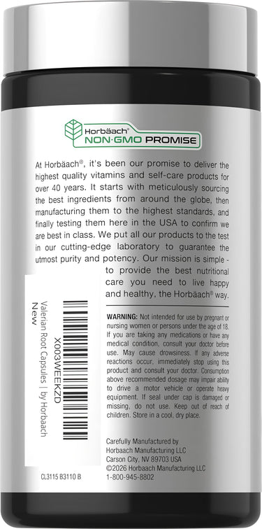 View 3 Horbaach Valerian 2400 mg (2 x 1200mg) 150 Capsules bottle with 'NON-GMO PROMISE' logo on the label.