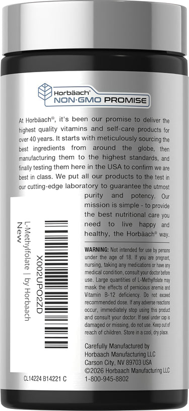 View 3 Horbäach L-Methylfolate 15 mg 120 Capsules bottle displaying a 'NON-GMO PROMISE' seal.