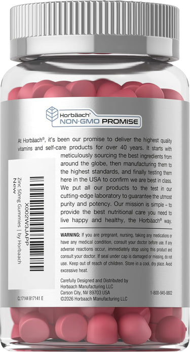 View 3 Horbaach Zinc 50mg Gummies bottle displaying a 'NON-GMO PROMISE' label.