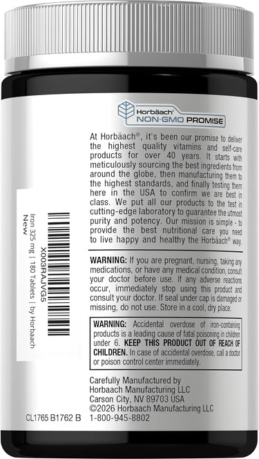 View 3 Horbaach Ferrous Sulfate tablets, 325mg, 180 count, shown in a product image.