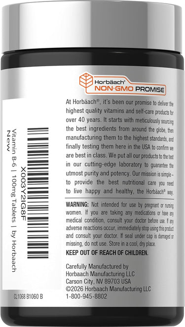 View 3 Horbäach Vitamin B-6 100mg tablets in a green and white bottle.