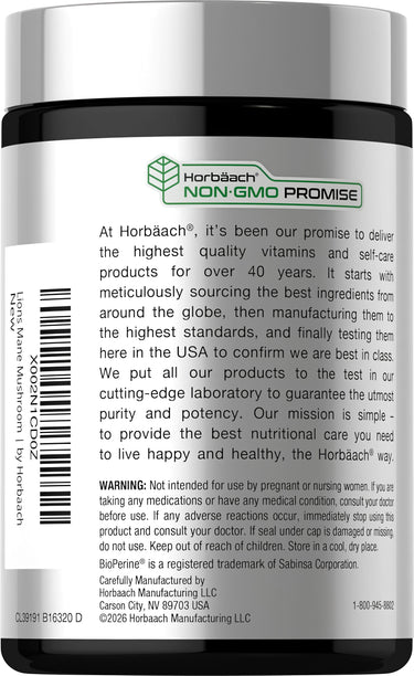 View 3 Horbäach Lion's Mane 4200 mg 120 Capsules in a black bottle with silver cap, featuring the 'NON-GMO PROMISE' logo.