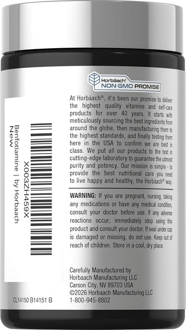 View 3 Horbaach Benfotiamine 300 mg 60 Capsules bottle featuring the Non-GMO Promise logo.