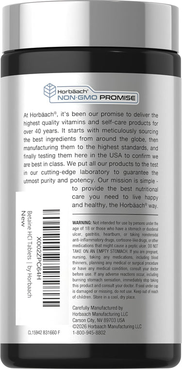 View 3 Horbaach Betaine HCl + Pepsin supplement, 1326 mg, 250 tablets, featuring NON-GMO PROMISE label.