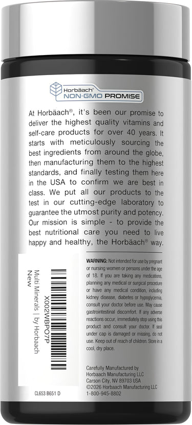 View 3 Horbaach Multi Minerals 250 Capsules bottle featuring Horbäach NON-GMO PROMISE logo.
