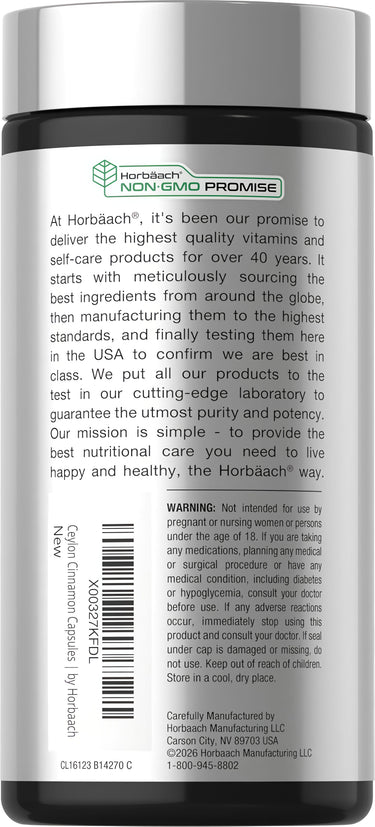 View 3 Horbaach Ceylon Cinnamon supplement offering 4,000 mg per serving in a 250-capsule bottle.