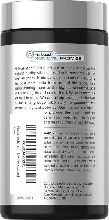 View 3 Horbaach Magnesium 845 mg bottle with 200 coated caplets displayed.