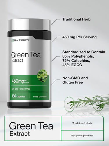 View 4 Product highlights graphic stating Traditional Herb, 450mg/serving, Standardized: 85% Polyphenols, 75% Catechins, 45% EGCG, Non-GMO, Gluten Free.