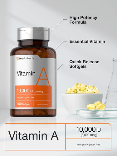 Horbaach Vitamin A supplement bottle with text highlighting features on a light gray background