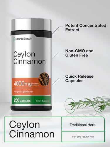 View 4 Horbäach Ceylon Cinnamon 4000mg equivalent per serving, 250 Quick Release Capsules. Potent Concentrated Extract. Non-GMO, Gluten Free.