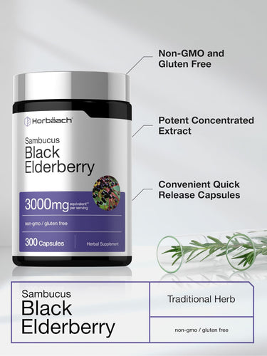 View 4 Sambucus Black Elderberry 3000mg, 300 capsules. Non-GMO, gluten-free, potent concentrated extract, quick-release capsules.