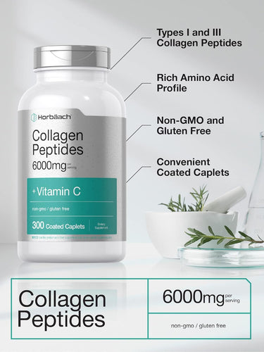 Collagen peptides supplement bottle with text highlighting features on a light gray background