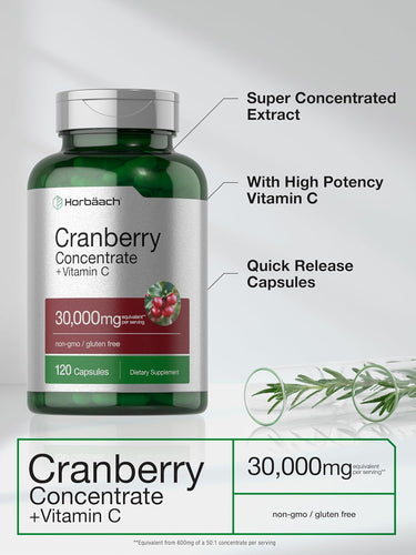 Horbaach Cranberry Concentrate + Vitamin C supplement bottle with label details on a light gray background