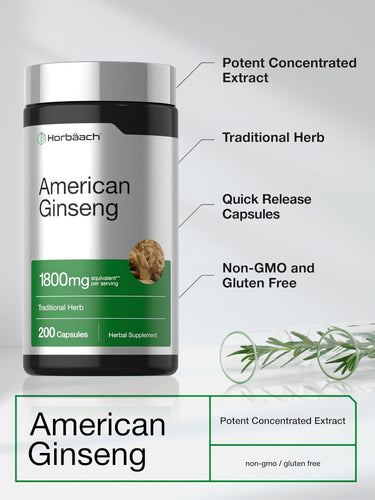 View 4 American Ginseng 1800mg Equivalent, 200 Quick Release Capsules. Non-GMO, gluten-free; potent concentrated extract.