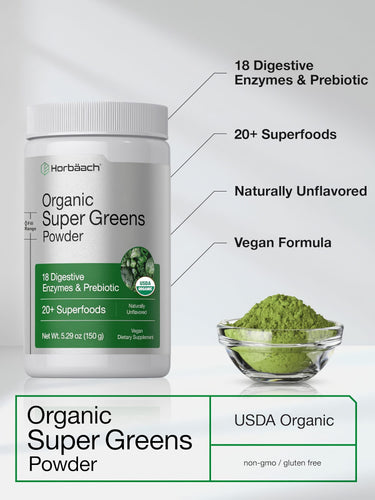 View 4 Horbäach Organic Super Greens Powder, 5.29 oz. USDA Organic, non-GMO, gluten-free with 18 enzymes, prebiotic, and 20+ superfoods.