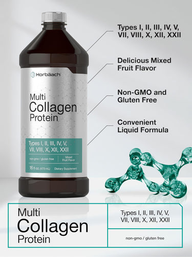 View 4 Product highlights graphic stating Multiple Collagen Types, Delicious Mixed Fruit Flavor, Non-GMO and Gluten Free, Convenient Liquid Formula.