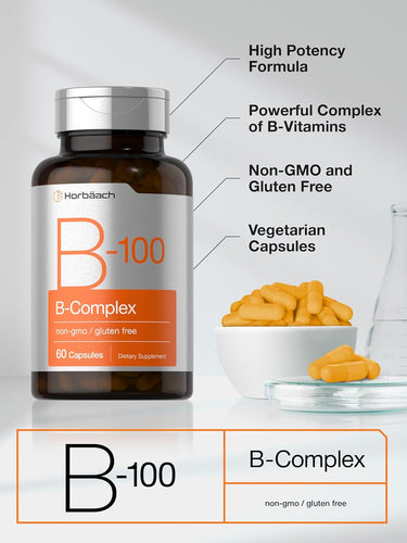 B-100 B-Complex supplement bottle with features listed on a gray background