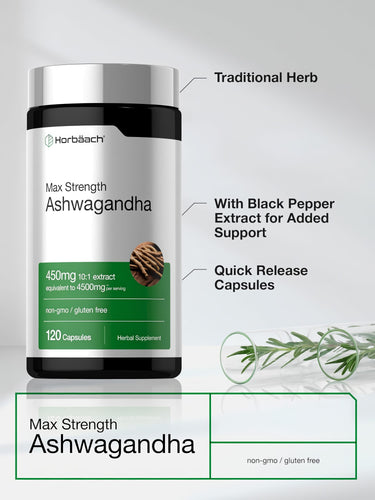 View 4 Max Strength Ashwagandha 450mg 10:1 extract, 4500mg equivalent, 120 capsules, non-gmo/gluten free.